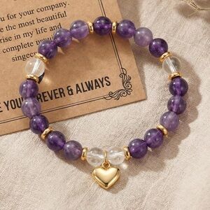 🆕New Amethyst Beaded Gemstone Bracelet with Heart Charm